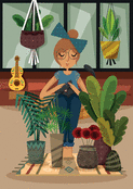 Femme jardinant au c&oelig;ur d'un int&eacute;rieur color&eacute;